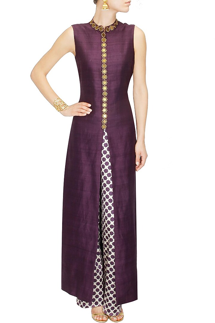 Purple star embroidered anarkali with beige star print pants available only at Pernia's Pop Up Shop.