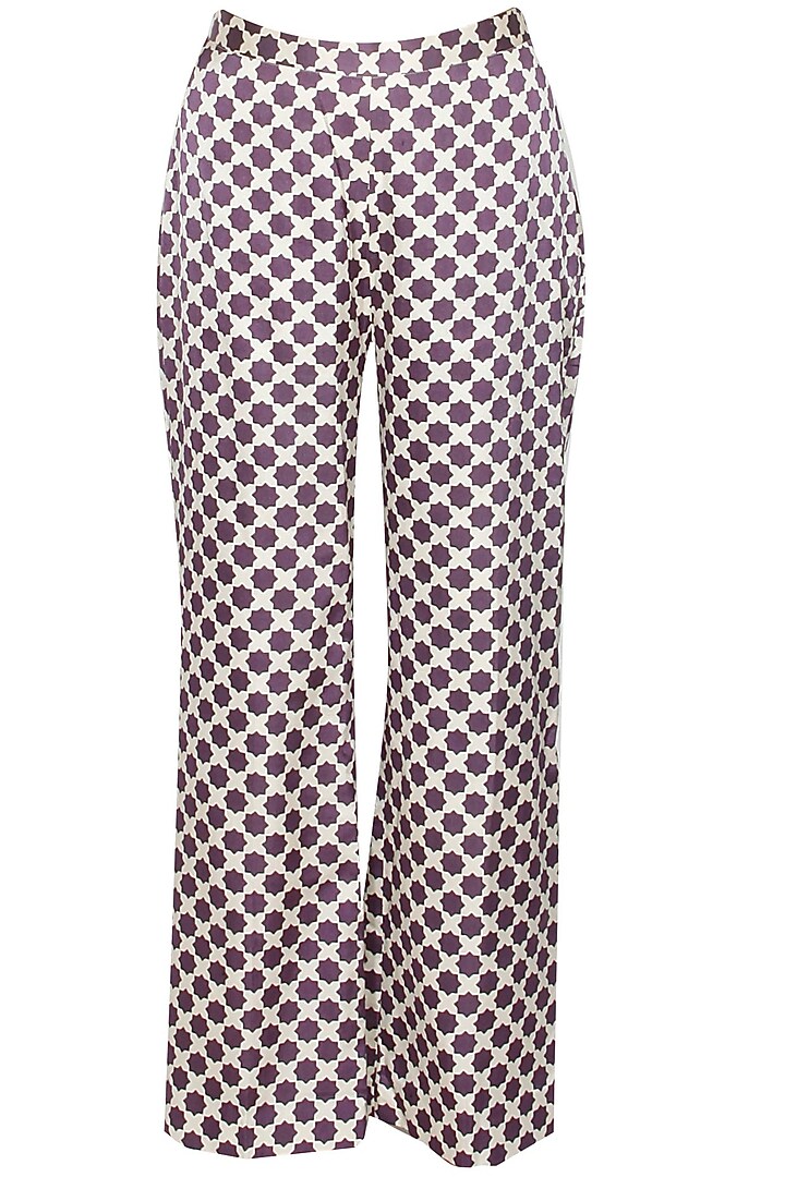 Purple star embroidered anarkali with beige star print pants available only at Pernia's Pop Up Shop.