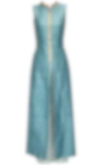 Teal star embroidered anarkali with beige star print pants available only at Pernia's Pop Up Shop.