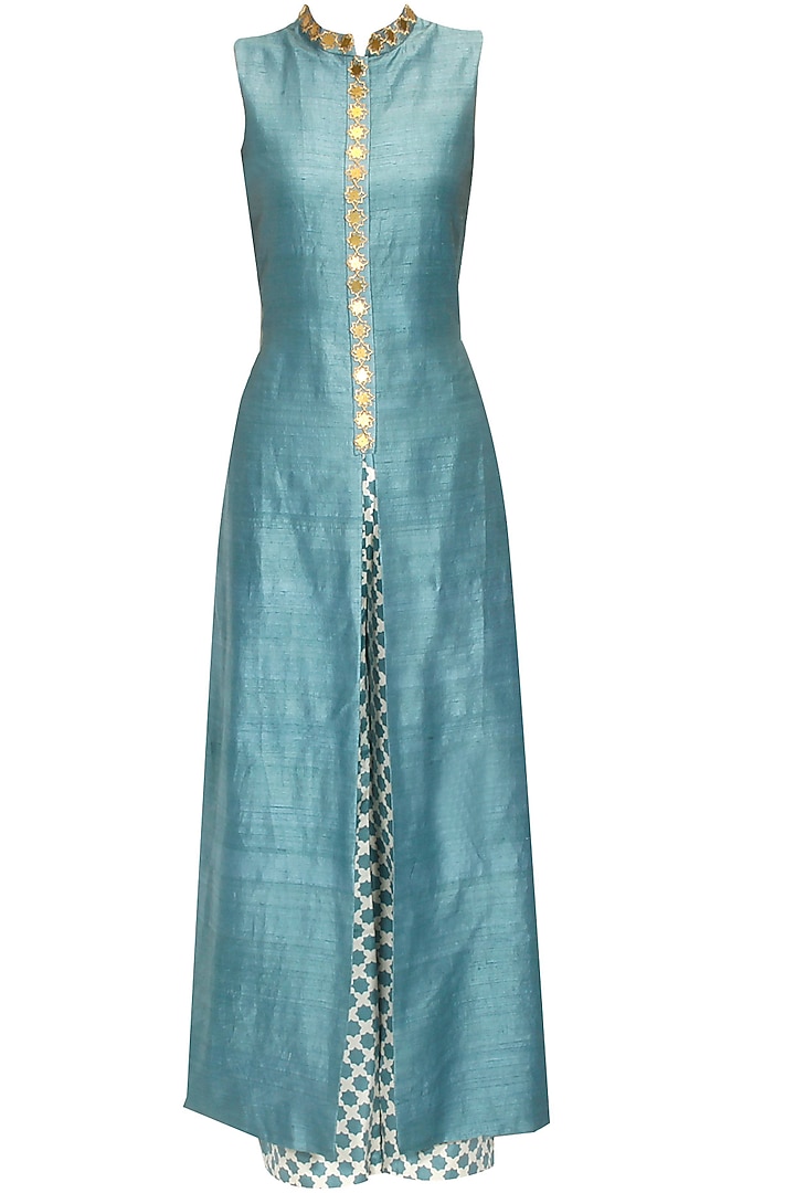 Teal star embroidered anarkali with beige star print pants available only at Pernia's Pop Up Shop.