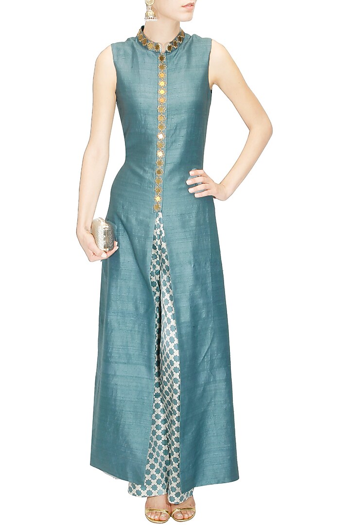 Teal star embroidered anarkali with beige star print pants available only at Pernia's Pop Up Shop.