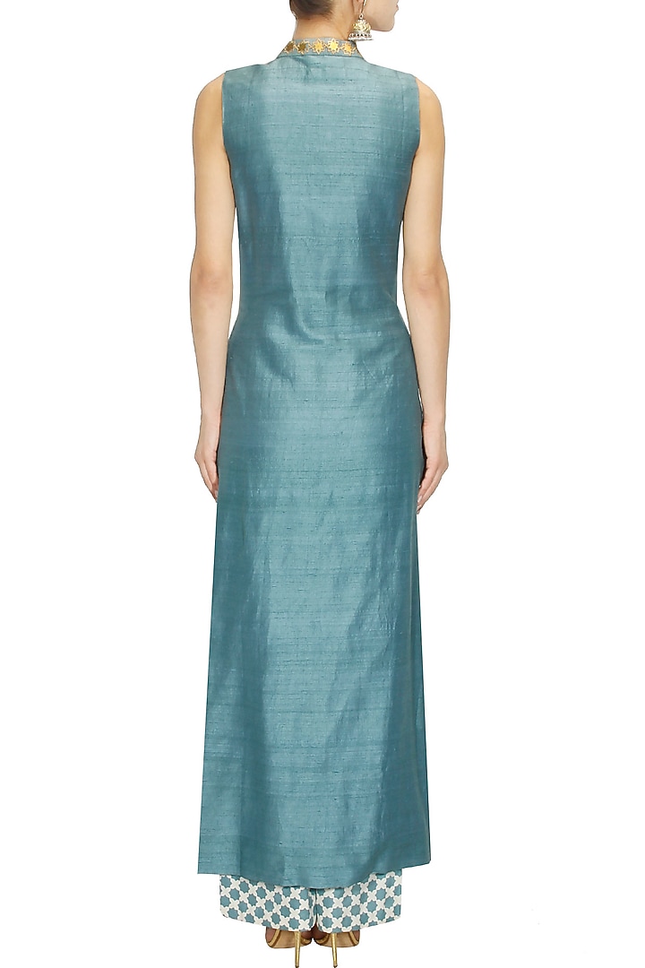 Teal star embroidered anarkali with beige star print pants available only at Pernia's Pop Up Shop.