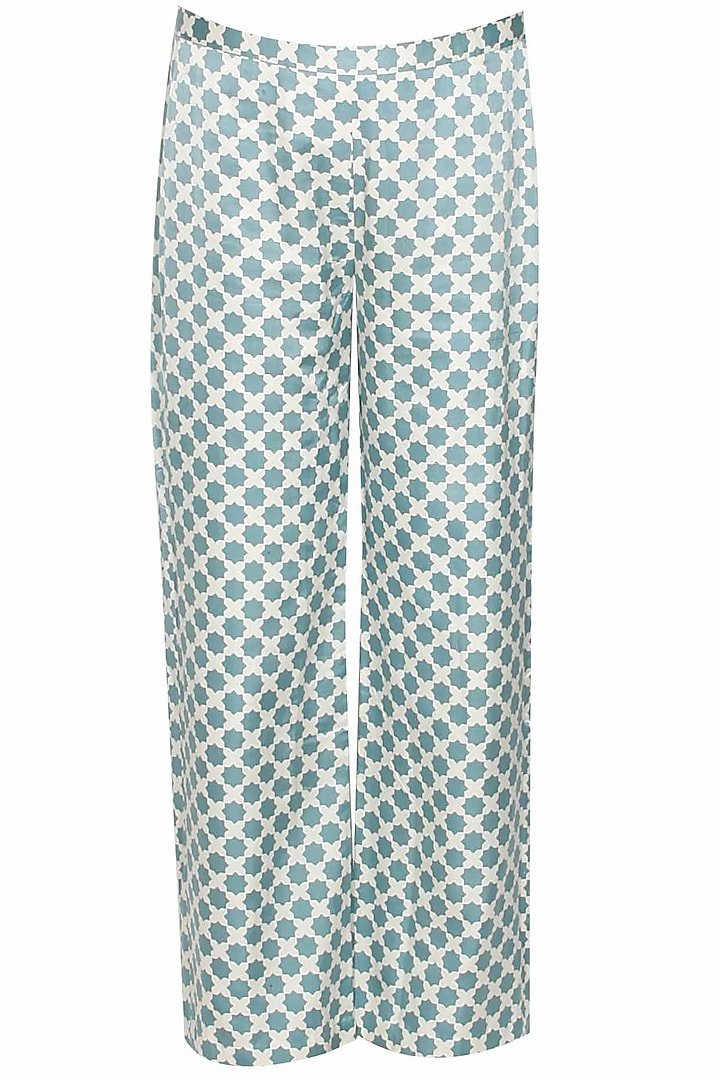 Teal star embroidered anarkali with beige star print pants available only at Pernia's Pop Up Shop.