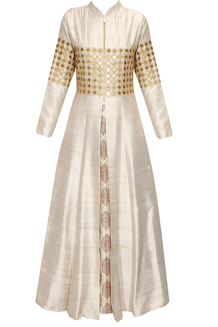 Beige star embroidered jacket kurta with beige inner gown available only at Pernia's Pop Up Shop.