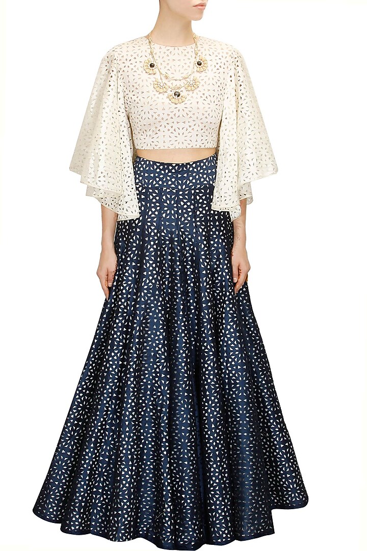 Midnight blue lasercut high waist lehenga available only at Pernia's Pop-Up Shop.