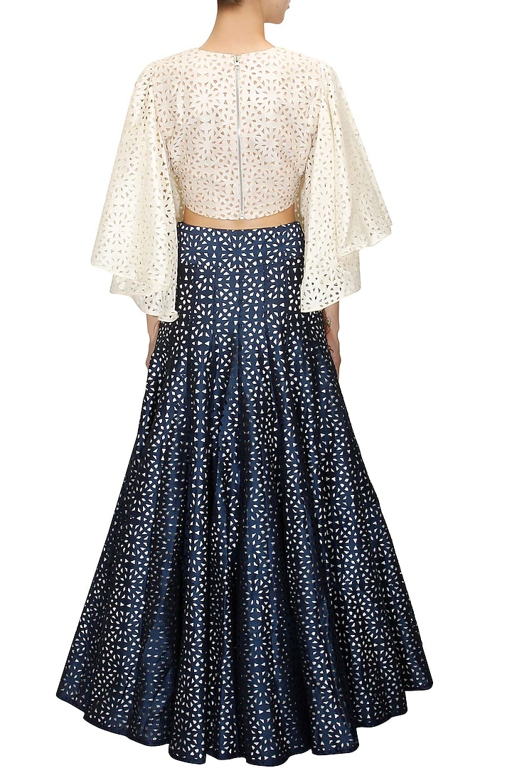 Midnight blue lasercut high waist lehenga available only at Pernia's Pop-Up Shop.