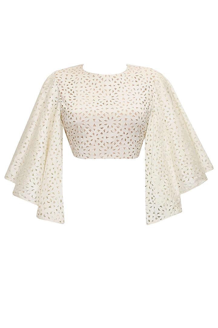 Off white cutwork bell sleeves crop top by SVA BY SONAM & PARAS MODI
