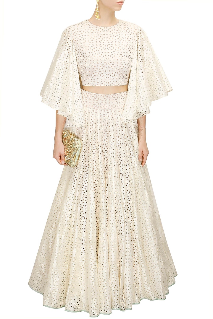Off white cutwork bell sleeves crop top available only at Pernia's Pop-Up Shop.
