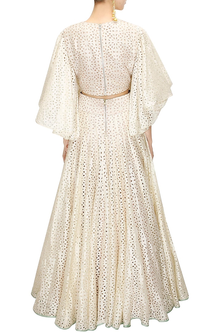 Off white cutwork bell sleeves crop top available only at Pernia's Pop-Up Shop.