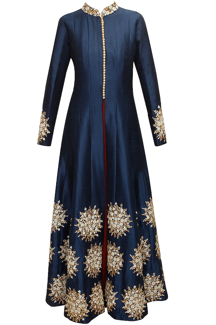 Blue floral embroidered motif kurta with maroon strappy inner by SVA BY SONAM & PARAS MODI