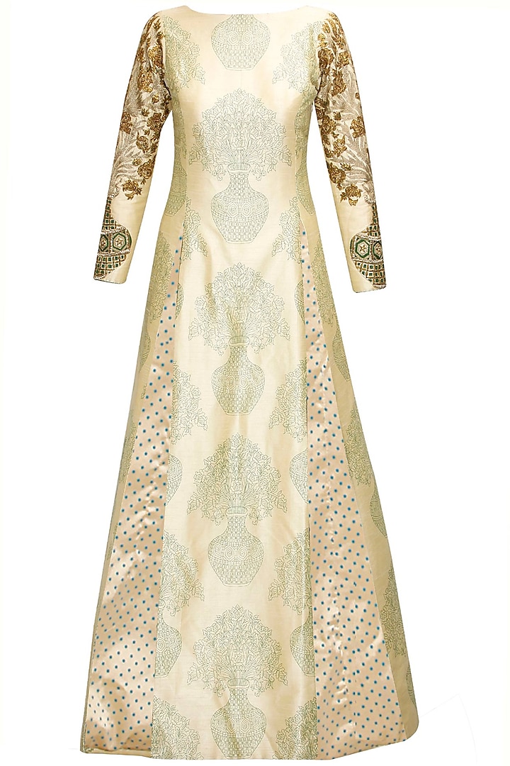 Beige printed floral embroidered kurta by SVA BY SONAM & PARAS MODI