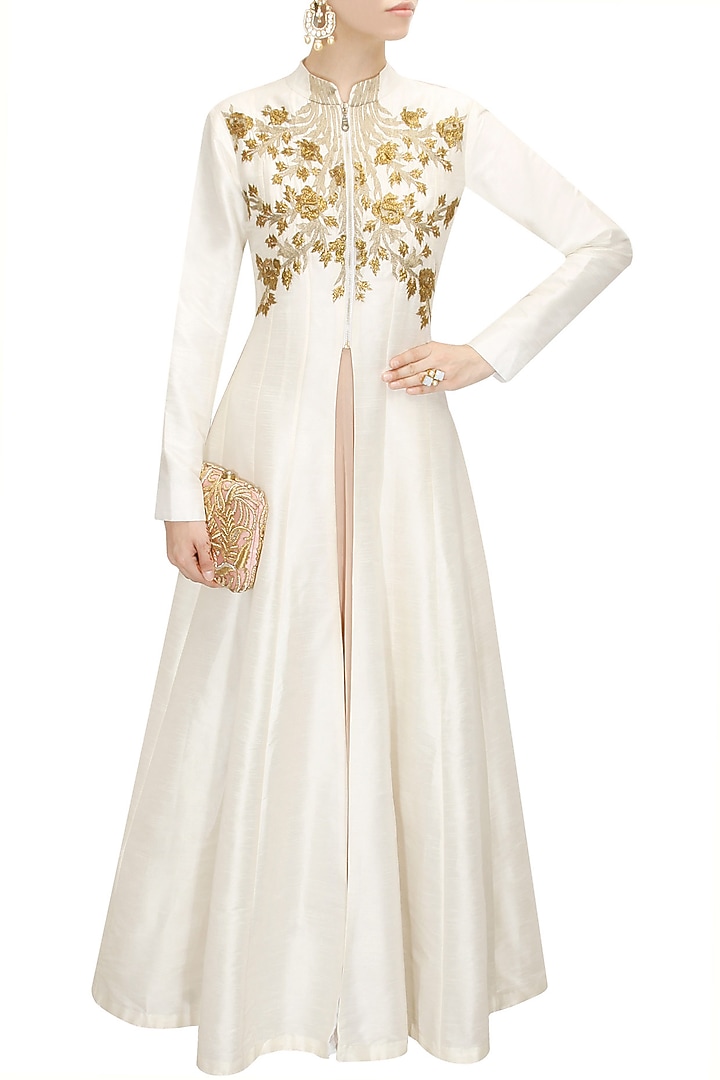 Off white floral embroidered flared jacket kurta with old rose strappy inner available only at Pernia's Pop-Up Shop.