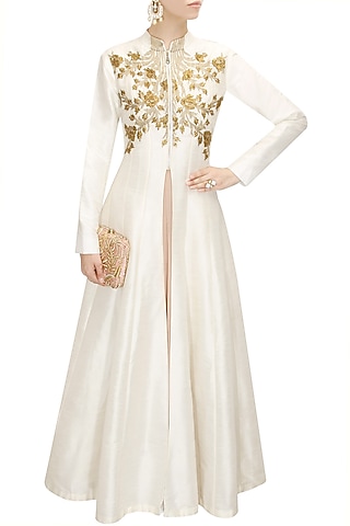 Off white floral embroidered flared jacket kurta with old rose strappy inner by SVA BY SONAM & PARAS MODI