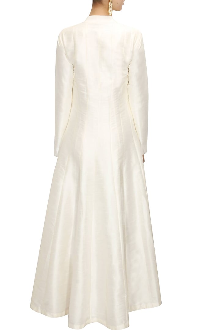 Off white floral embroidered flared jacket kurta with old rose strappy inner available only at Pernia's Pop-Up Shop.