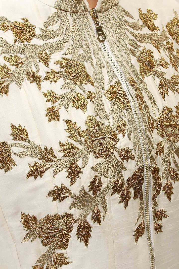 Off white floral embroidered flared jacket kurta with old rose strappy inner available only at Pernia's Pop-Up Shop.