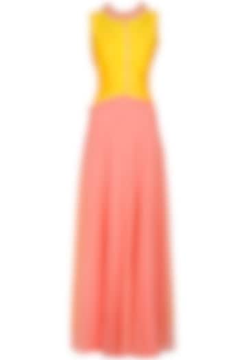 Peach floor length anarkali gown with yellow high low cape available only at Pernia's Pop-Up Shop.
