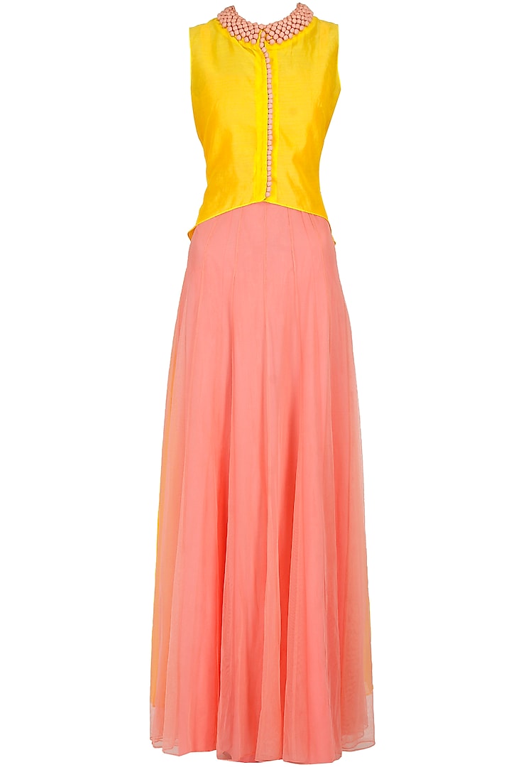 Peach floor length anarkali gown with yellow high low cape available only at Pernia's Pop-Up Shop.