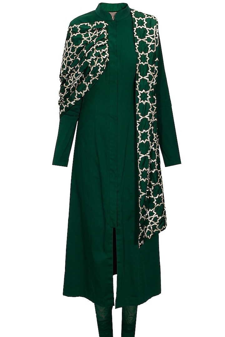 Green stretch cotton kurta set with star embroidered attached dupatta by SVA BY SONAM & PARAS MODI