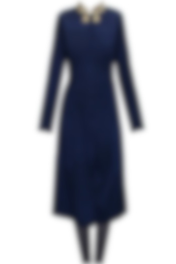 Blue zardosi embroidered A line kurta set with offwhite net dupatta available only at Pernia's Pop-Up Shop.