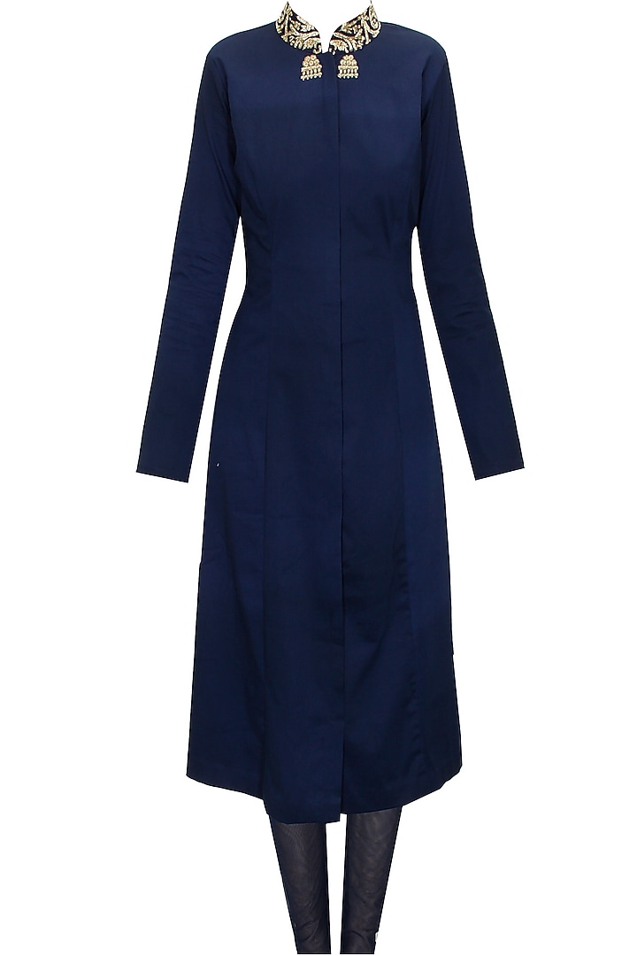 Blue zardosi embroidered A line kurta set with offwhite net dupatta available only at Pernia's Pop-Up Shop.