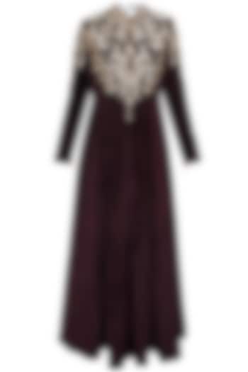 Wine pitta work velvet anarkali jacket with black inner available only at Pernia's Pop-Up Shop.