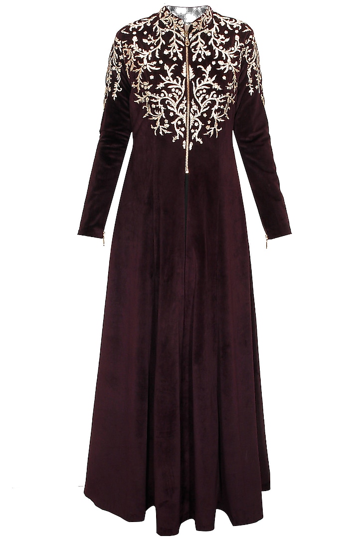 Wine pitta work velvet anarkali jacket with black inner available only at Pernia's Pop-Up Shop.
