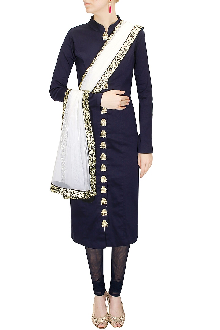 Navy blue zardosi embroidered kurta set with off white dupatta available only at Pernia's Pop-Up Shop.