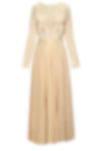 Beige pitta embroidered anarkali set with offwhite net dupatta available only at Pernia's Pop-Up Shop.