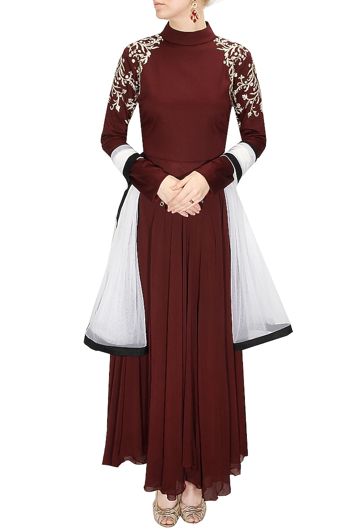 Maroon pitta embroidered anarkali set with offwhite net dupatta available only at Pernia's Pop-Up Shop.