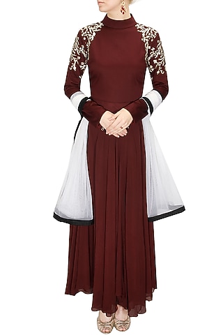 Maroon pitta embroidered anarkali set with offwhite net dupatta by SVA BY SONAM & PARAS MODI