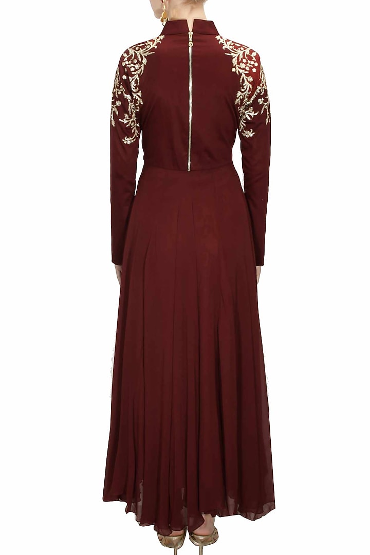 Maroon pitta embroidered anarkali set with offwhite net dupatta available only at Pernia's Pop-Up Shop.