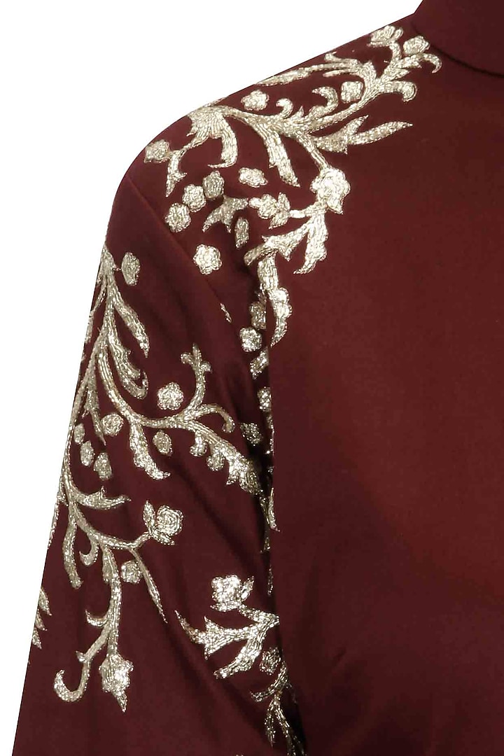 Maroon pitta embroidered anarkali set with offwhite net dupatta available only at Pernia's Pop-Up Shop.