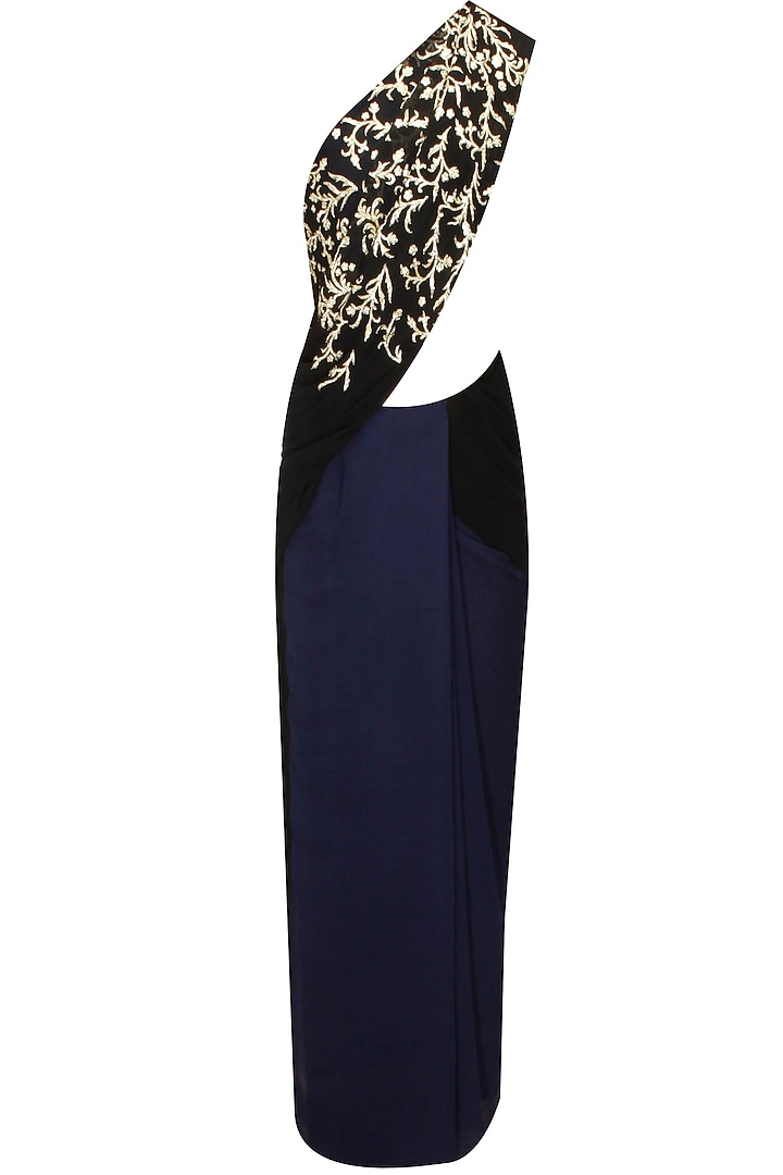 Black and blue pitta work sari with blue blouse available only at Pernia's Pop-Up Shop.