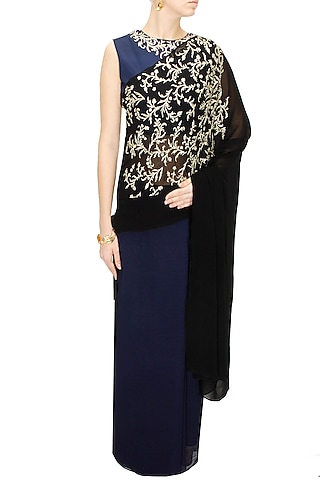 Black and blue pitta work sari with blue blouse by SVA BY SONAM & PARAS MODI