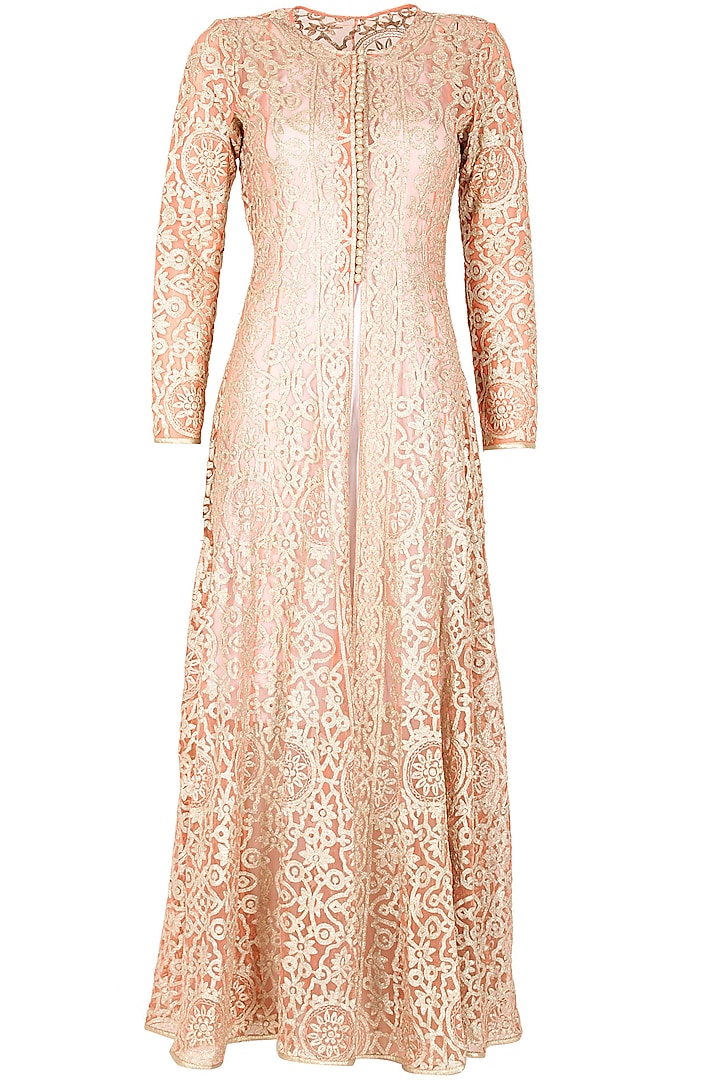Peach embroidered long jacket with inner  by SVA BY SONAM & PARAS MODI