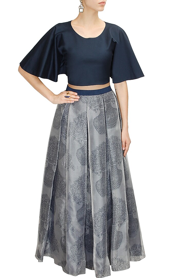 Midnight blue bell sleeves crop top available only at Pernia's Pop-Up Shop.