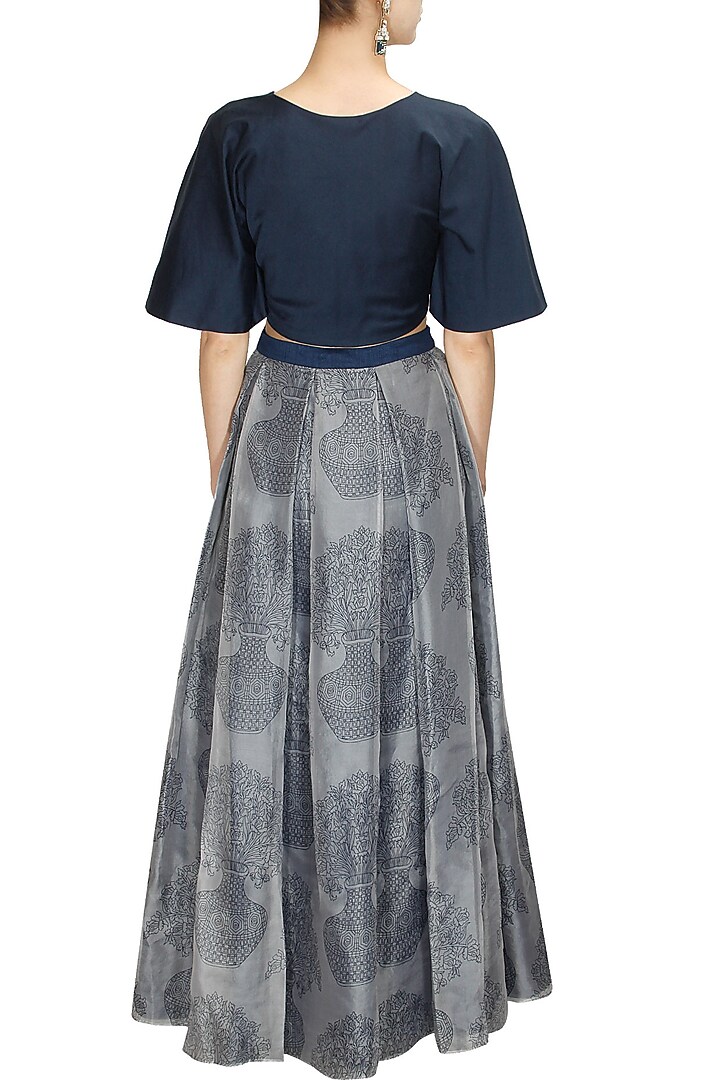 Midnight blue bell sleeves crop top available only at Pernia's Pop-Up Shop.