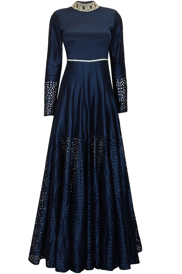 Midnight blue pleated anarkali with embroidered collar by SVA BY SONAM & PARAS MODI