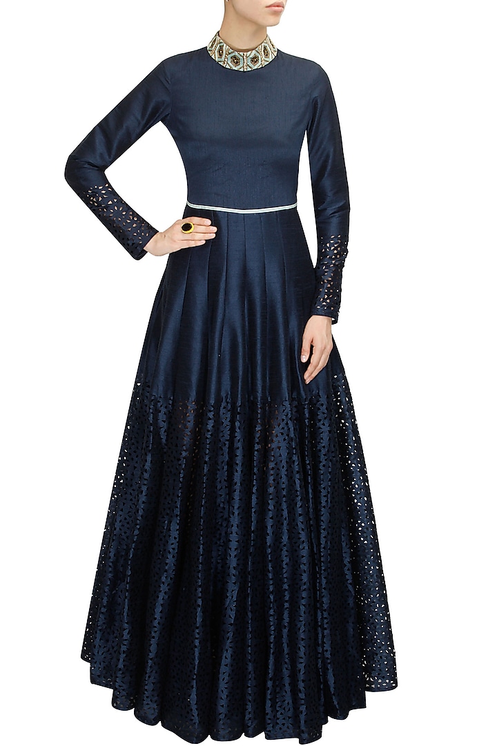 Midnight blue pleated anarkali with embridered collar available only at Pernia's Pop-Up Shop.