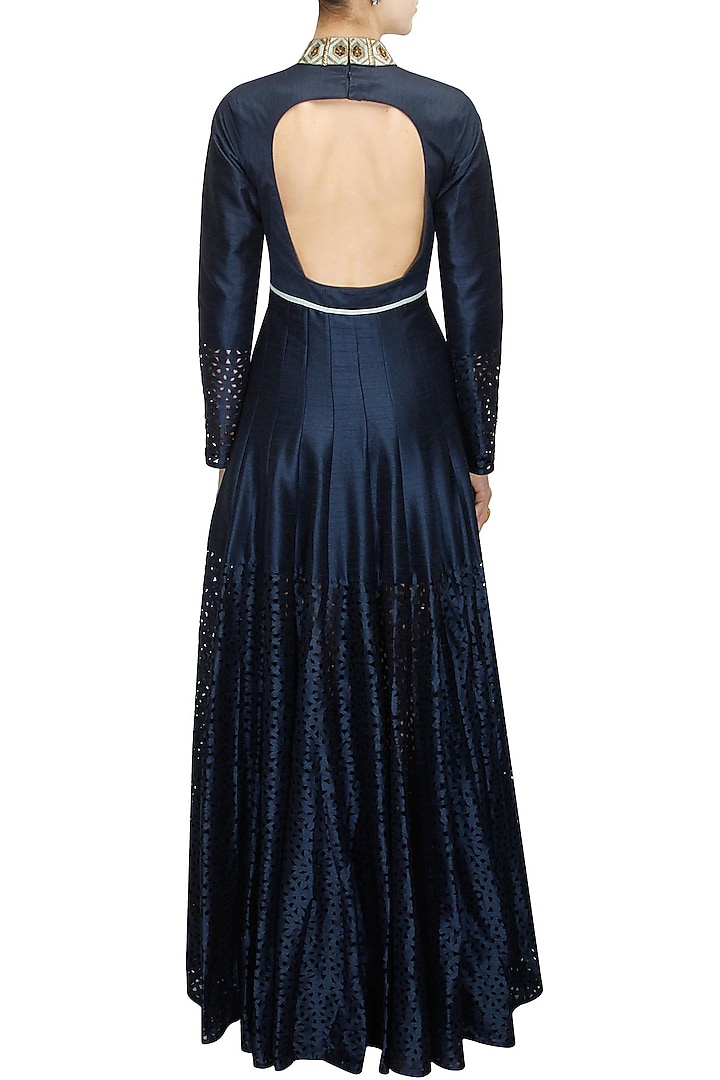 Midnight blue pleated anarkali with embridered collar available only at Pernia's Pop-Up Shop.