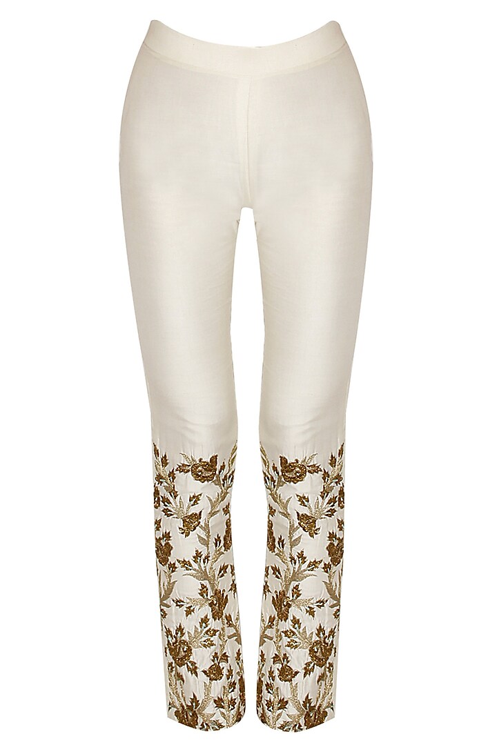 Off white floral embroidered cigarette pants by SVA BY SONAM & PARAS MODI
