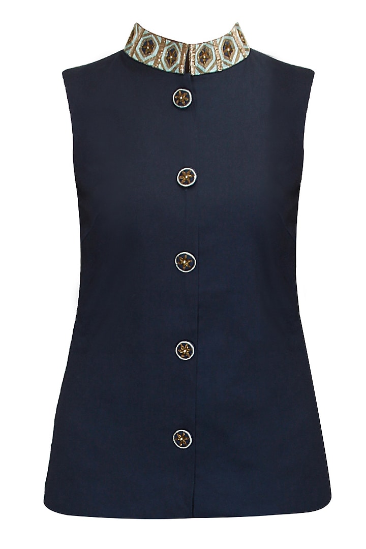 Midnight blue zari embroidered bundi jacket available only at Pernia's Pop-Up Shop.