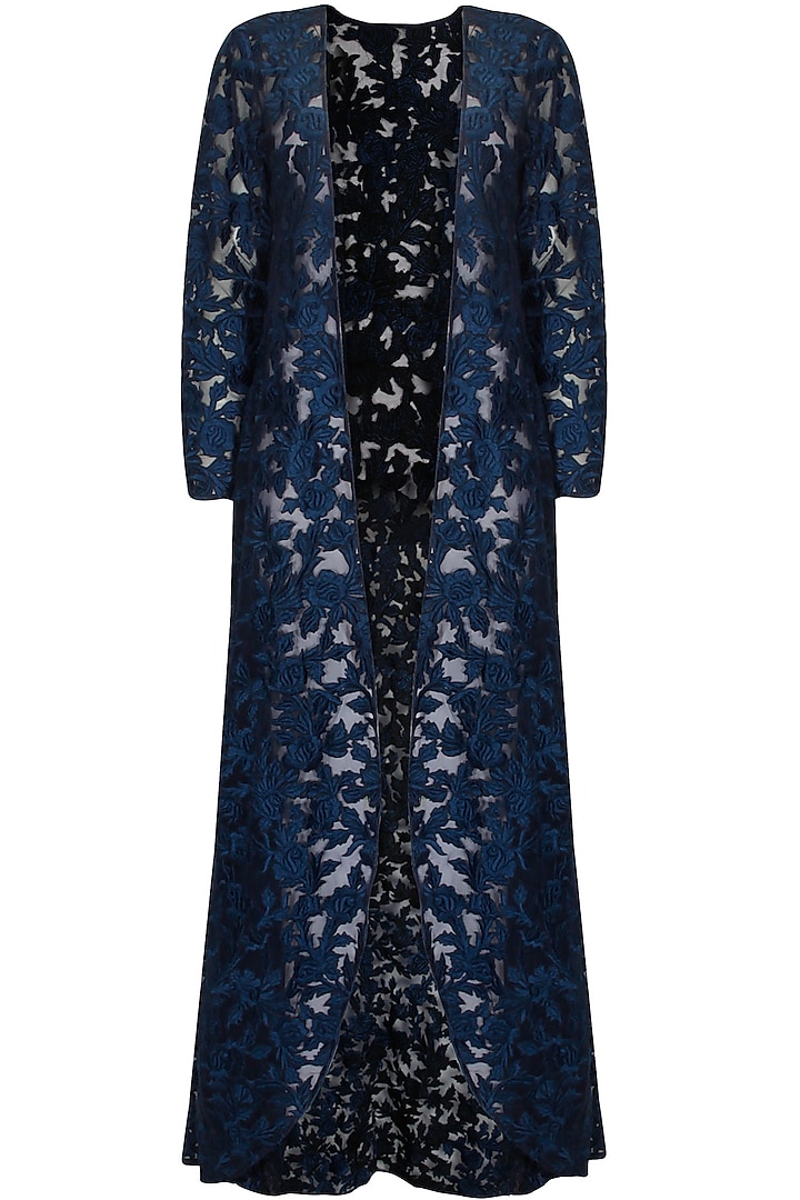 Midnight blue floral embroidered jacket by SVA BY SONAM & PARAS MODI