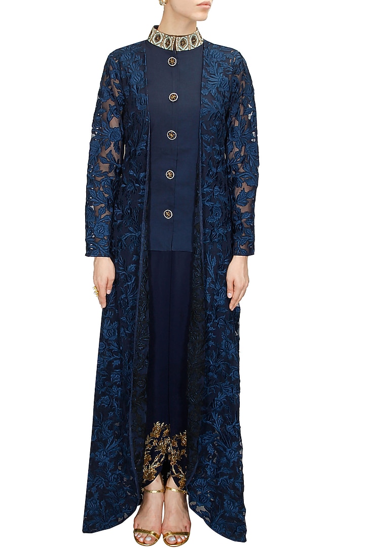 Midnight blue floral embroidered jacket available only at Pernia's Pop-Up Shop.