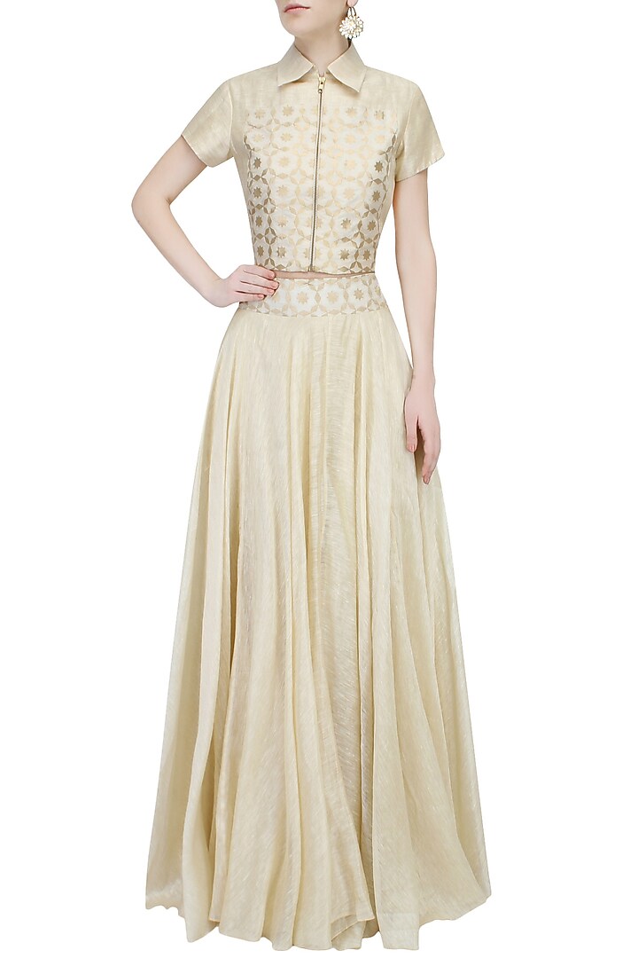 Beige brocade applique work cropped shirt and skirt set available only at Pernia's Pop Up Shop.