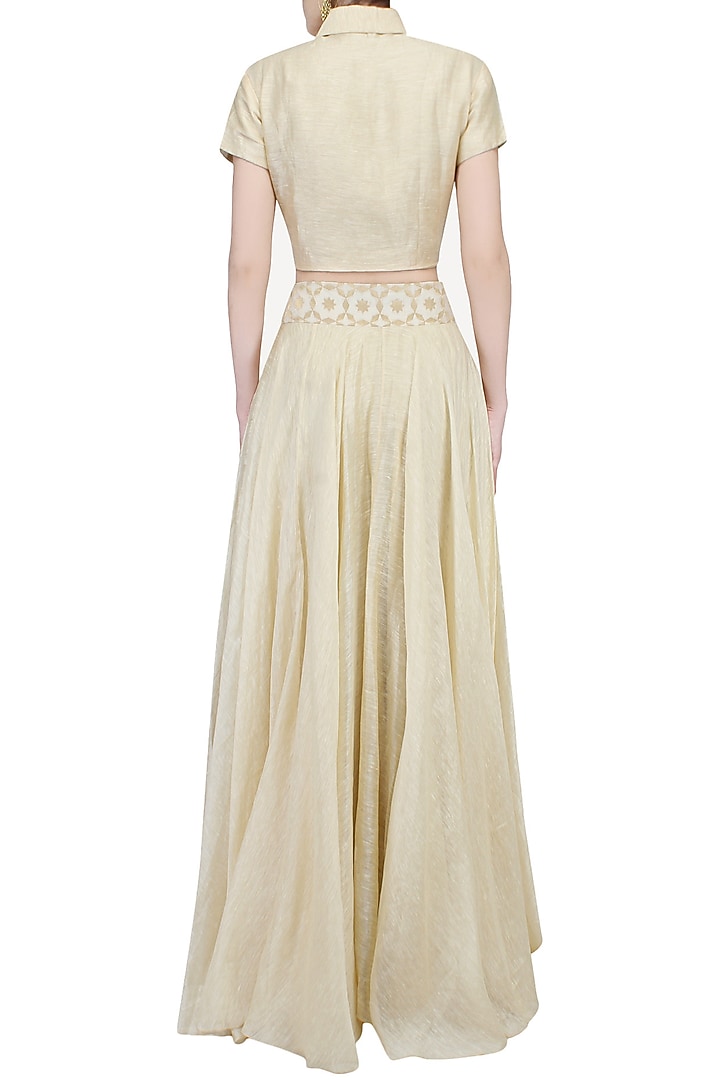 Beige brocade applique work cropped shirt and skirt set available only at Pernia's Pop Up Shop.