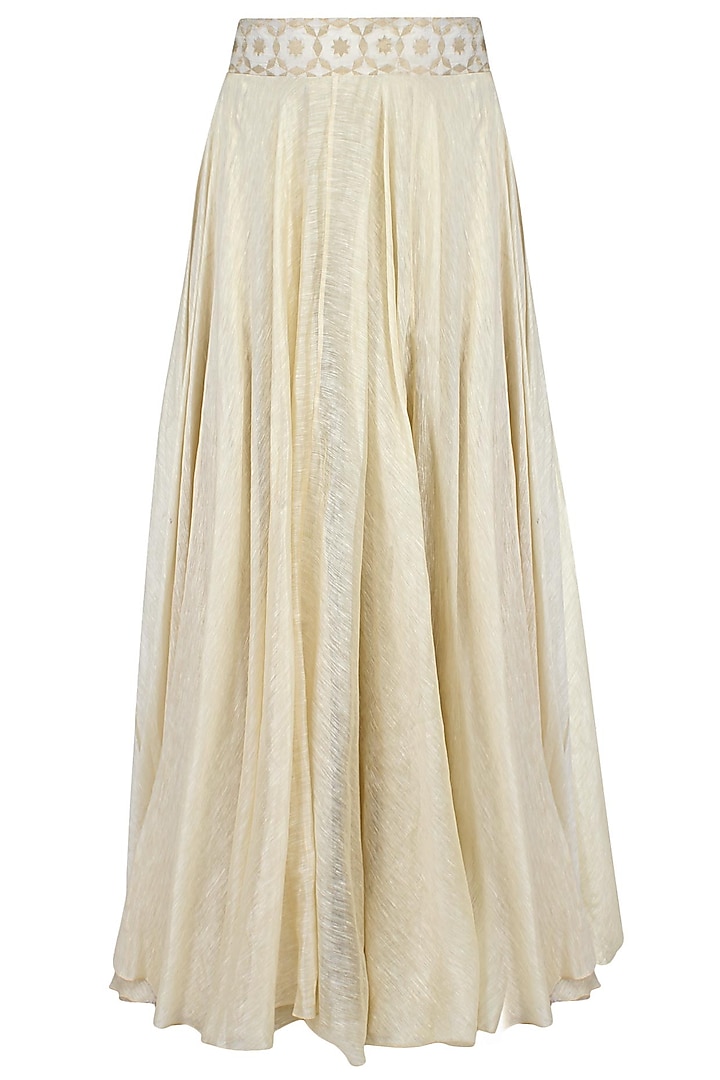 Beige brocade applique work cropped shirt and skirt set available only at Pernia's Pop Up Shop.
