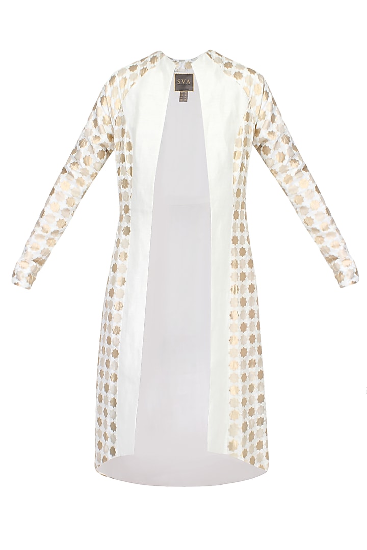 White Brocade And Silk Panel Asymmetric Jacket by SVA BY SONAM & PARAS MODI