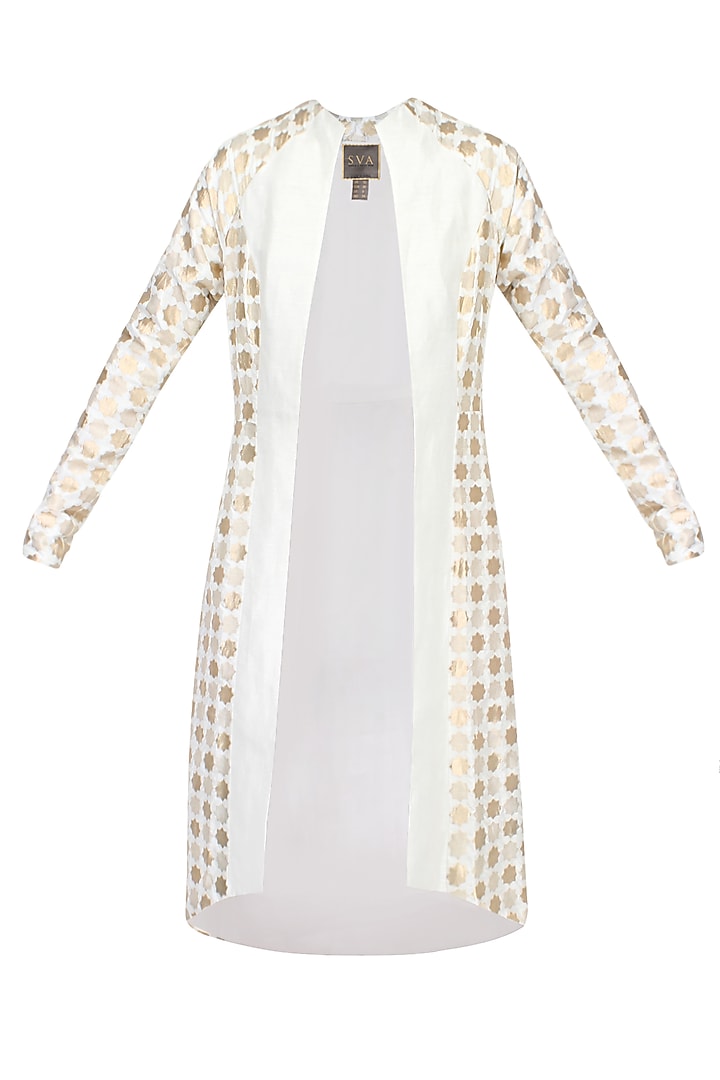 White brocade and silk panel asymmetric jacket available only at Pernia's Pop Up Shop.