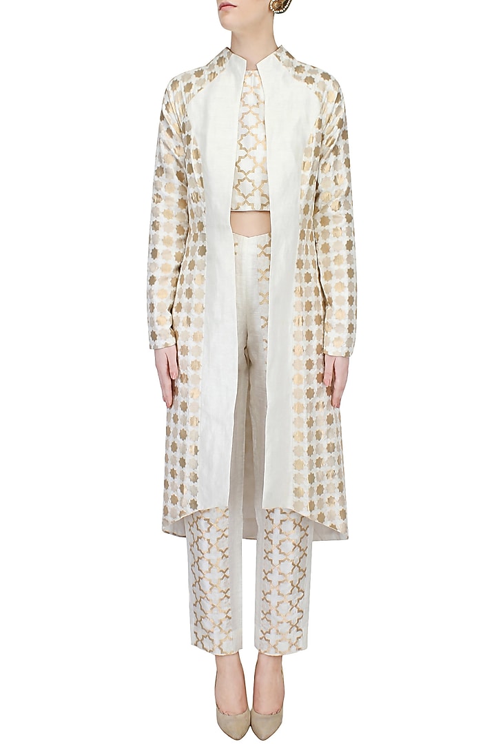 White brocade and silk panel asymmetric jacket available only at Pernia's Pop Up Shop.